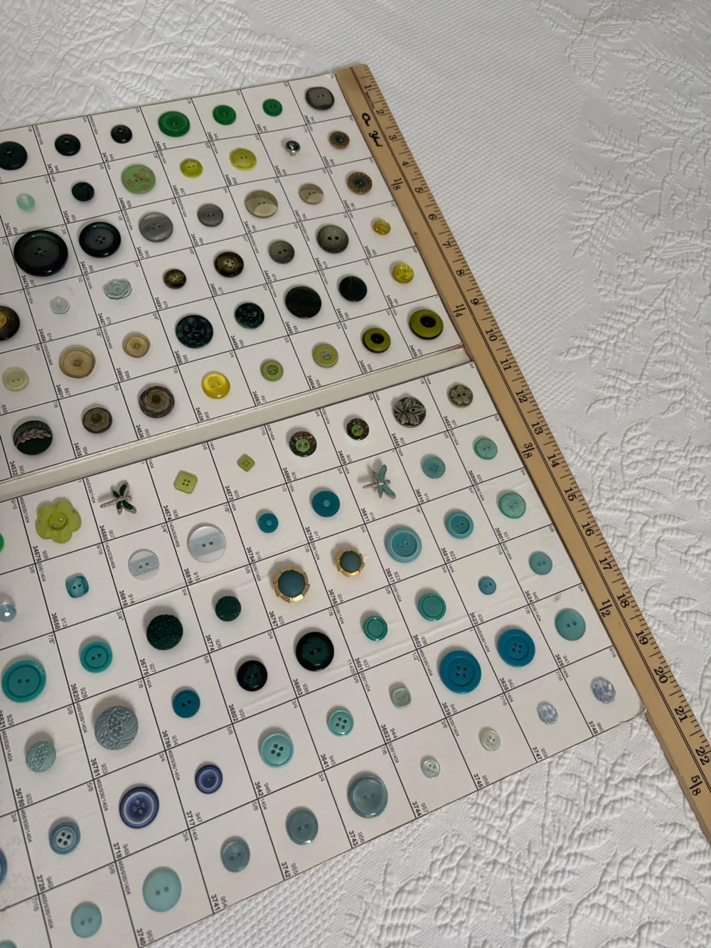 Vintage button collection salesman sample card 120 different buttons blue green